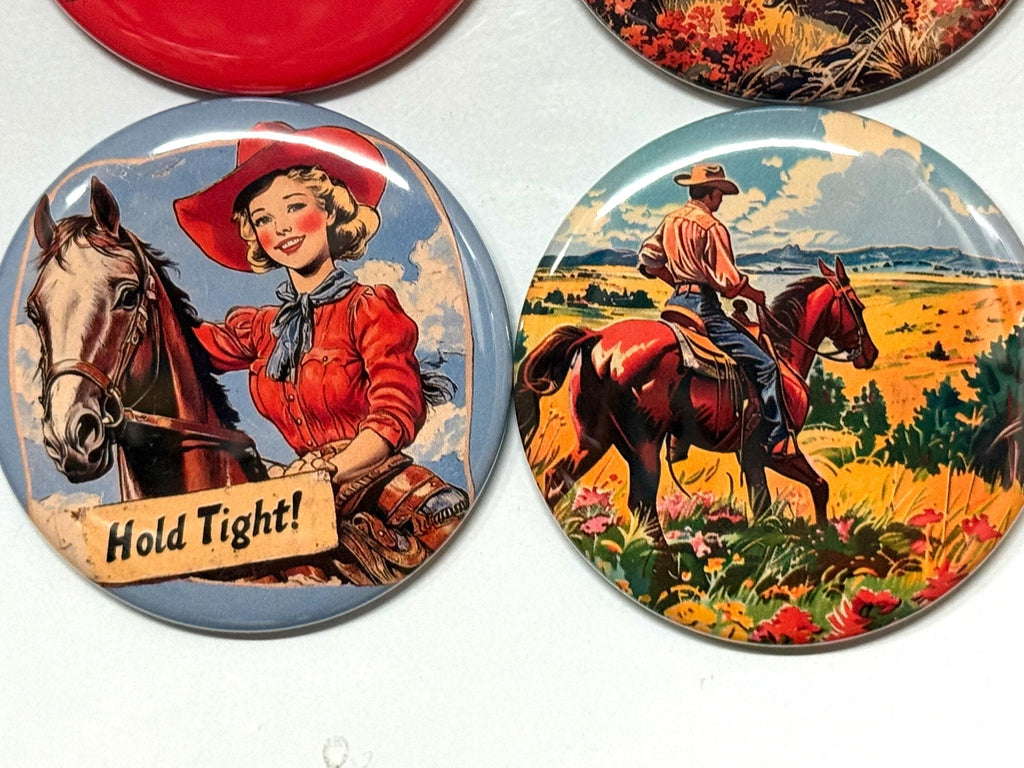 6 Cowgirl Fridge Magnets, pinbacks, flatbacks and more.  Choose your size/style. (s4)