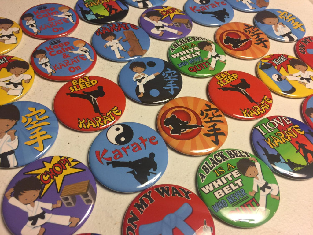 Karate Party Favors: Martial Arts Pinback Buttons, Magnets - Set of 20/24