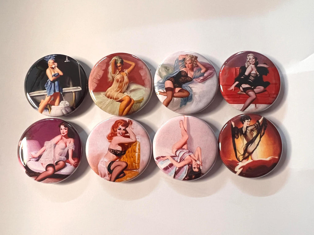 8 Pinup Girls Magnet Buttons or Pinbacks 1.5 inch buttons, Retro Vintage pin-up girls Set4