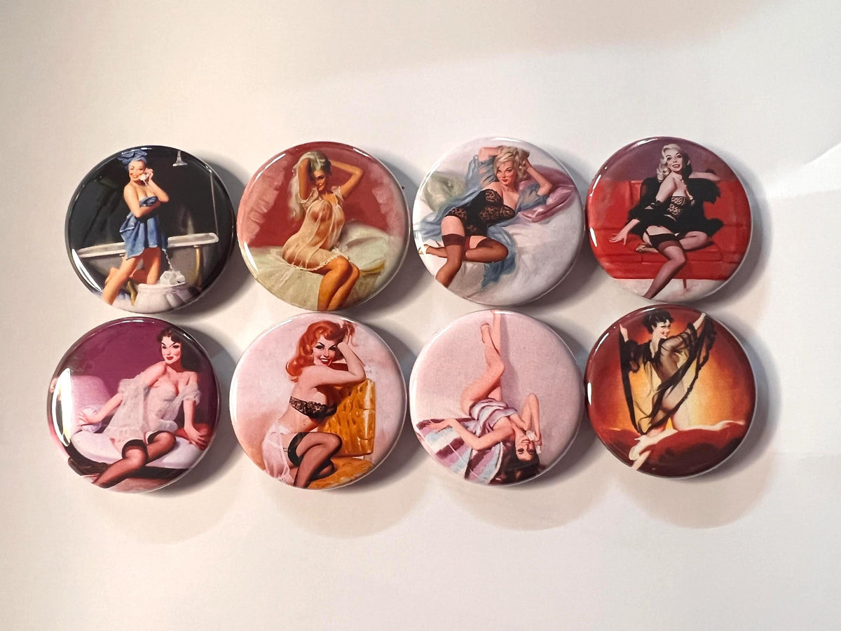 8 Pinup Girls Magnet Buttons or Pinbacks 1.5 inch buttons, Retro Vintage pin-up girls Set4