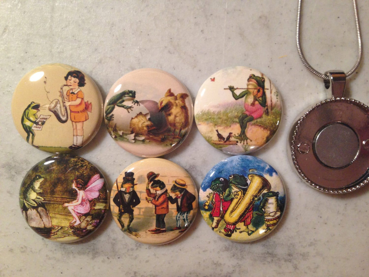 6 Frog and Toad (vintage images) magnets, pinbacks, flatbacks, necklace and more!