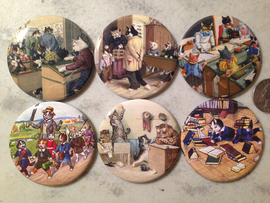 Cats in Clothes Pinback Buttons or Magnets: Kitten School Theme