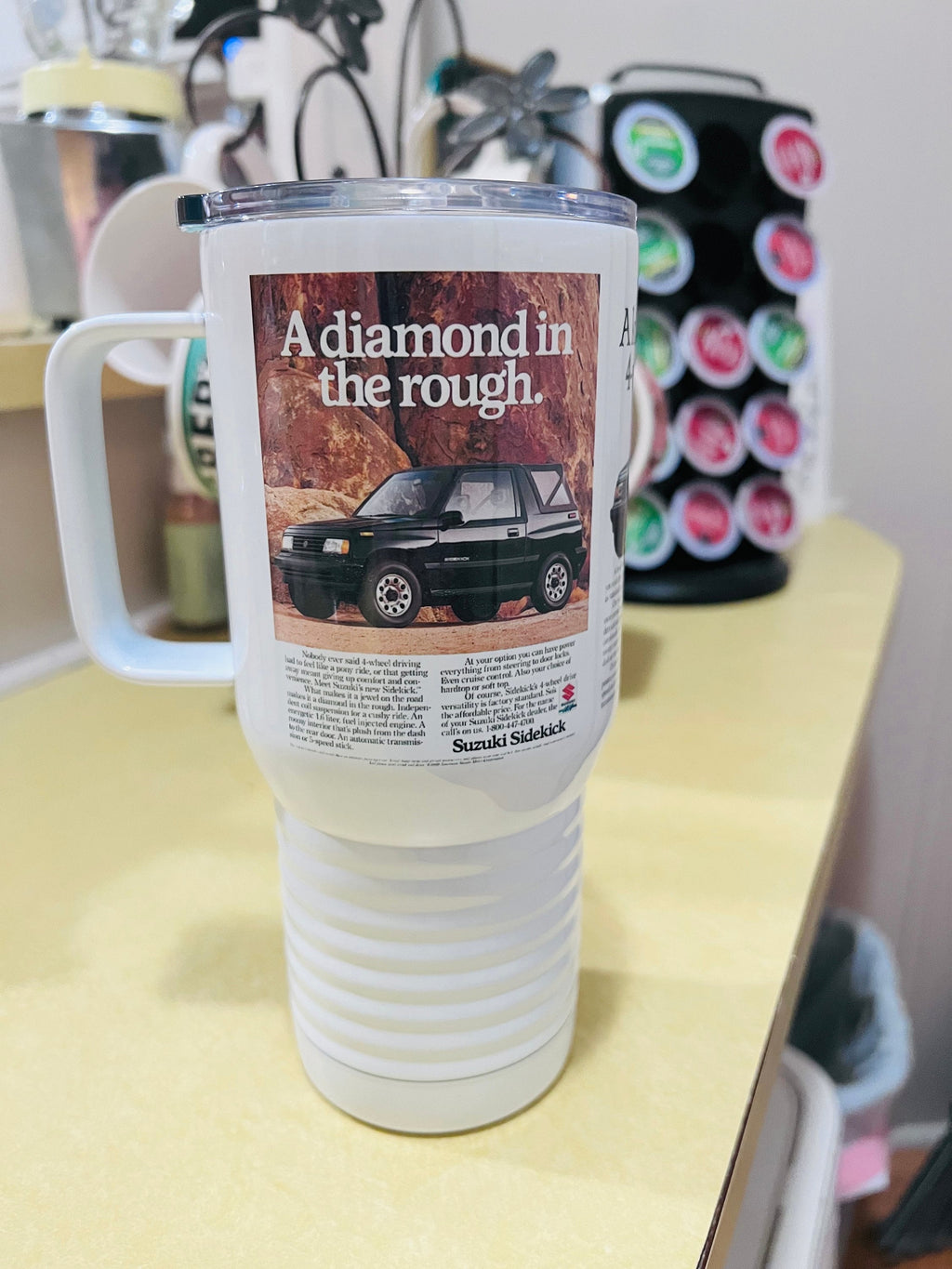 Suzuki Samurai/Sidekick Travel Mug: Vintage Auto Ad, Stainless Steel 20 oz