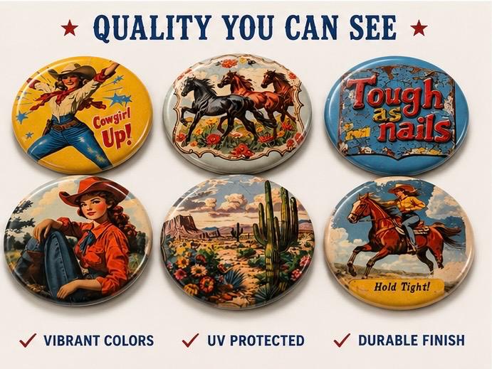 6 Cowgirl Fridge Magnets, pinbacks, flatbacks and more.  Choose your size/style. (s1)