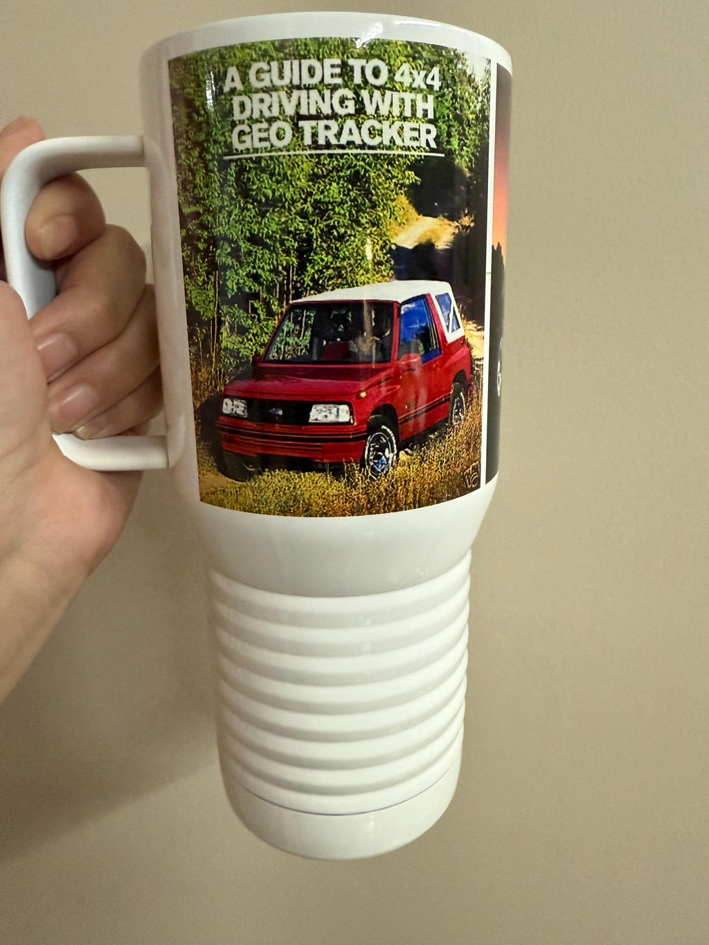 Geo Tracker Travel Mug: Vintage Auto Ad, Stainless Steel