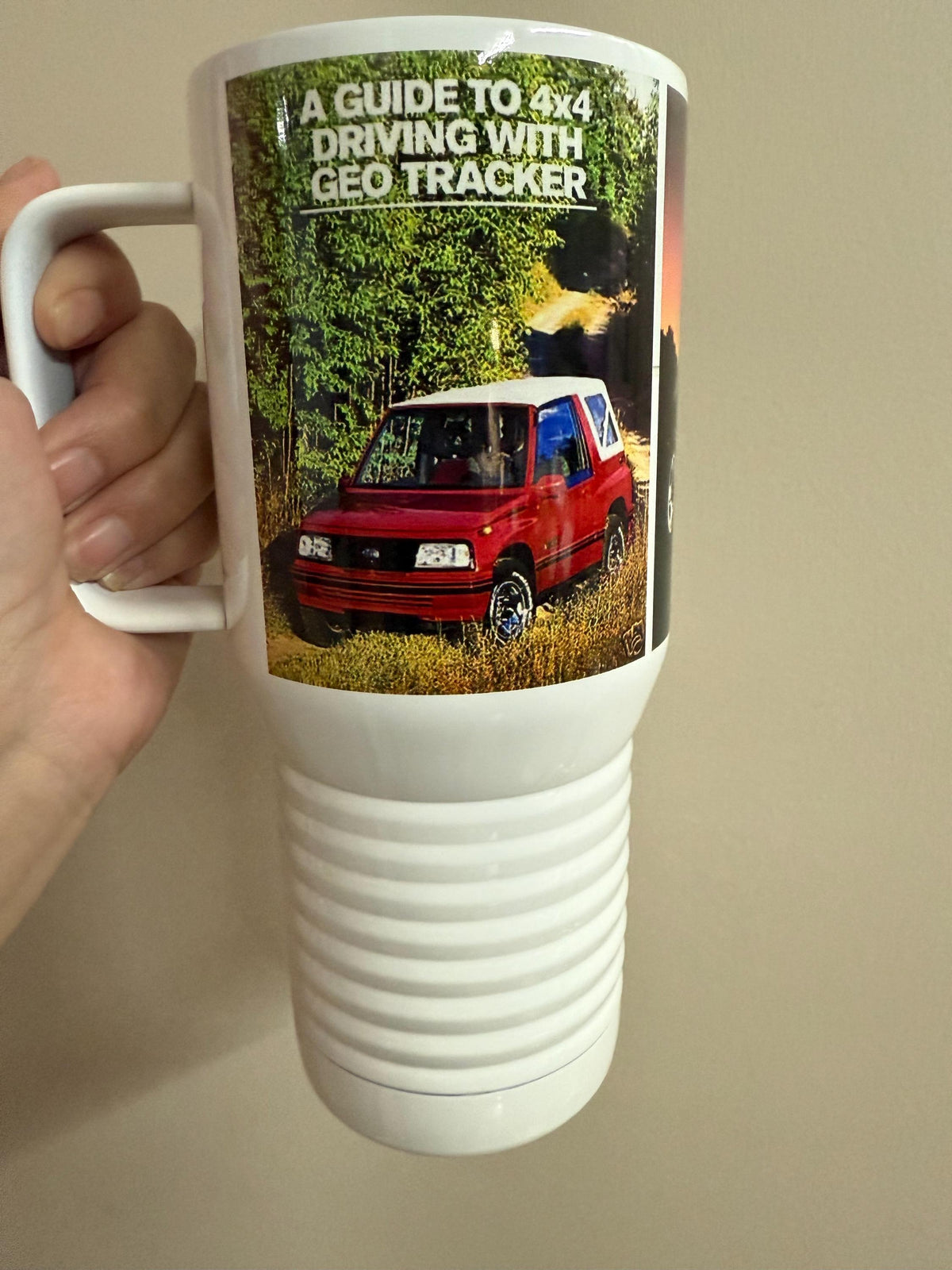 Geo Tracker Travel Mug: Vintage Auto Ad, Stainless Steel