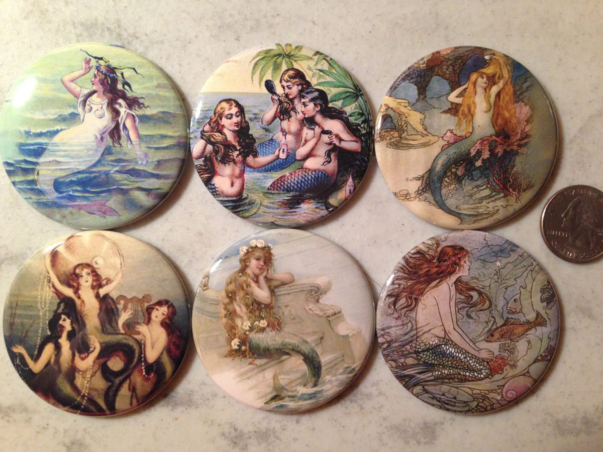 6 Vintage Mermaid Fridge Magnets Set 2.  Choose your size/style.