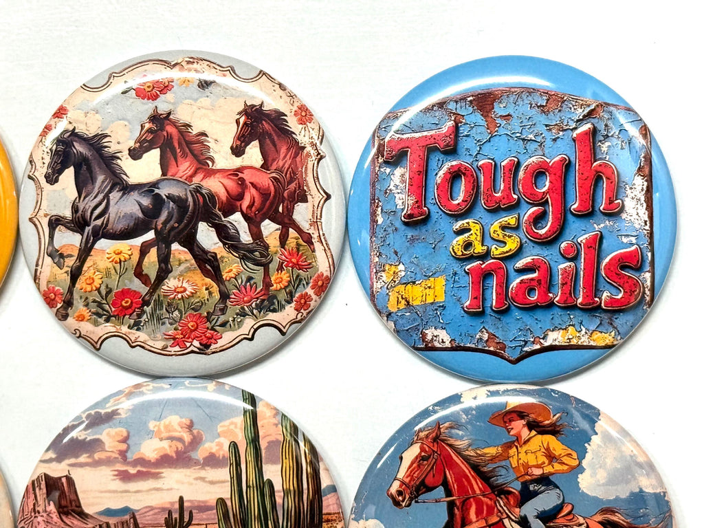 6 Cowgirl Fridge Magnets, pinbacks, flatbacks and more.  Choose your size/style. (s1)