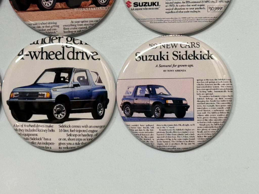 6 Suzuki Sidekick, Fridge magnets, pinbacks or flatbacks. Several sizes to choose from.