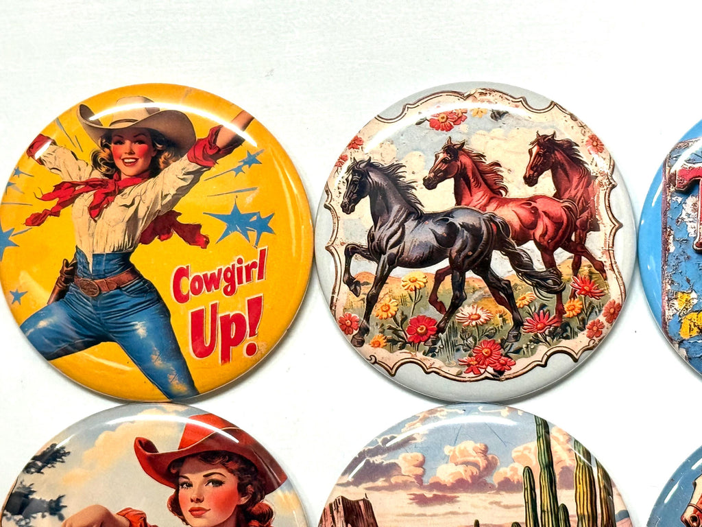 6 Cowgirl Fridge Magnets, pinbacks, flatbacks and more.  Choose your size/style. (s1)