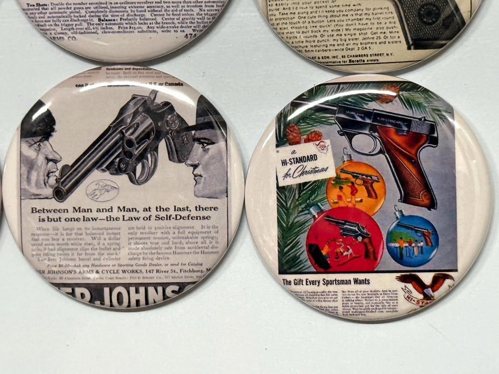 6 Gun advertisements pinbacks, magnets or flatbacks, many sizes you choose S2