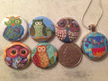 6 owls, hoot owls magnets, pinbacks, flatbacks, keychains, or necklace set. You choose.