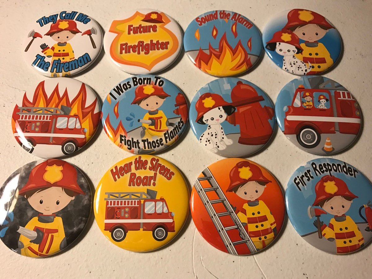 Firefighter Party Buttons: Custom Gender & Hair Color Favors