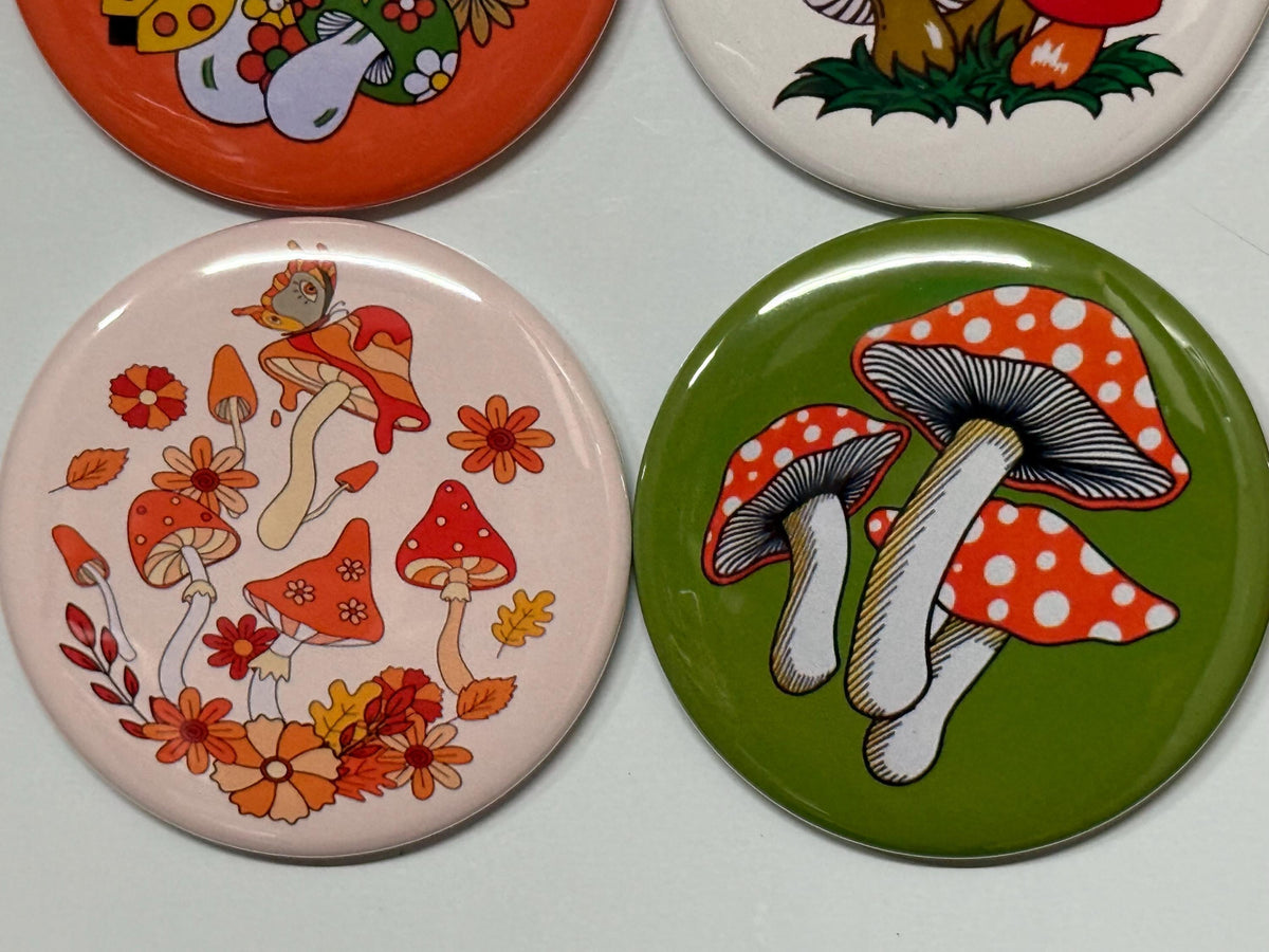 6 Retro Mushroom Buttons: Pinbacks, Magnets, Flatbacks