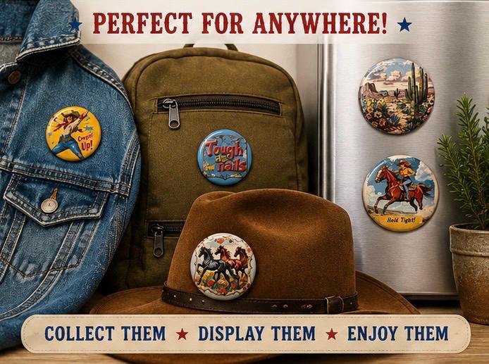 6 Cowgirl Fridge Magnets, pinbacks, flatbacks and more.  Choose your size/style. (s1)