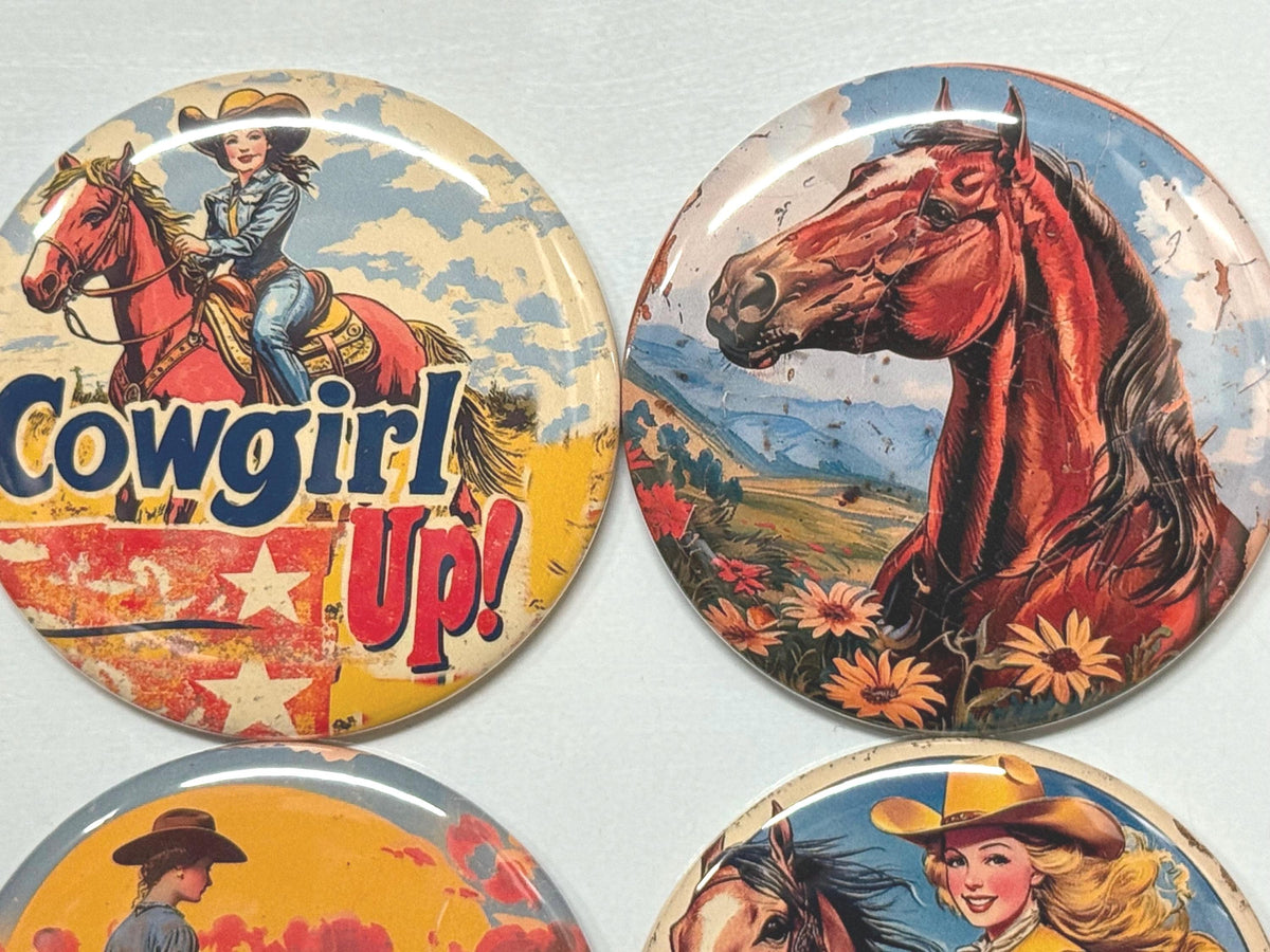 6 Cowgirl Fridge Magnets, pinbacks, flatbacks and more.  Choose your size/style. (s6)