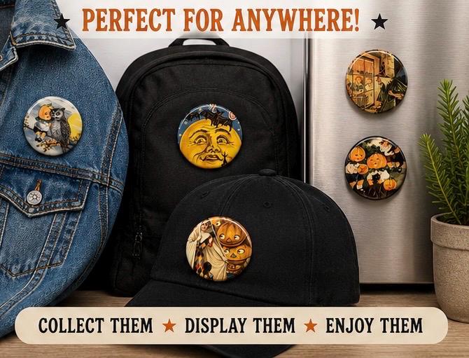 8 Halloween Fridge Magnet buttons, pinbacks, flatbacks Set 1, you choose size and style
