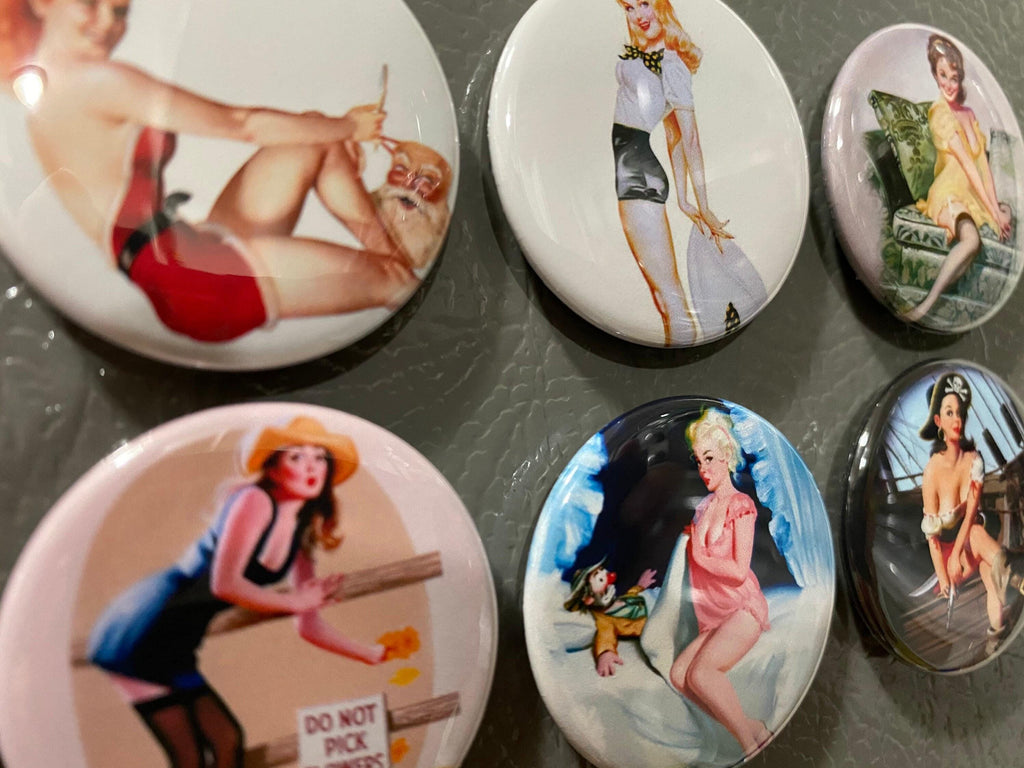 8 pinup girls magnet buttons or pinbacks 1.5 inch buttons, retro vintage pin-up girls set1