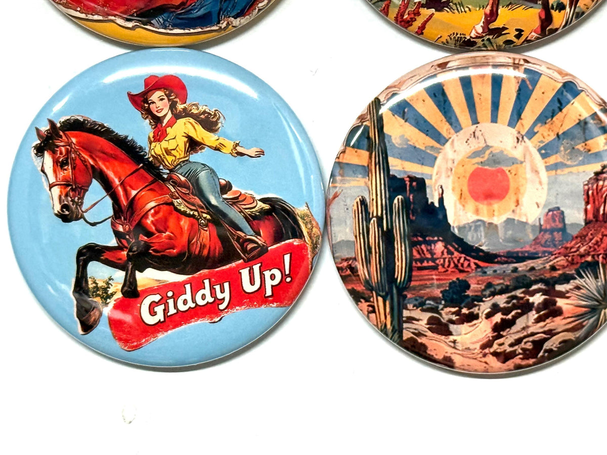 6 Cowgirl Fridge Magnets, pinbacks, flatbacks and more.  Choose your size/style. (s5)
