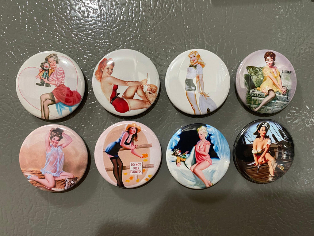 8 pinup girls magnet buttons or pinbacks 1.5 inch buttons, retro vintage pin-up girls set1