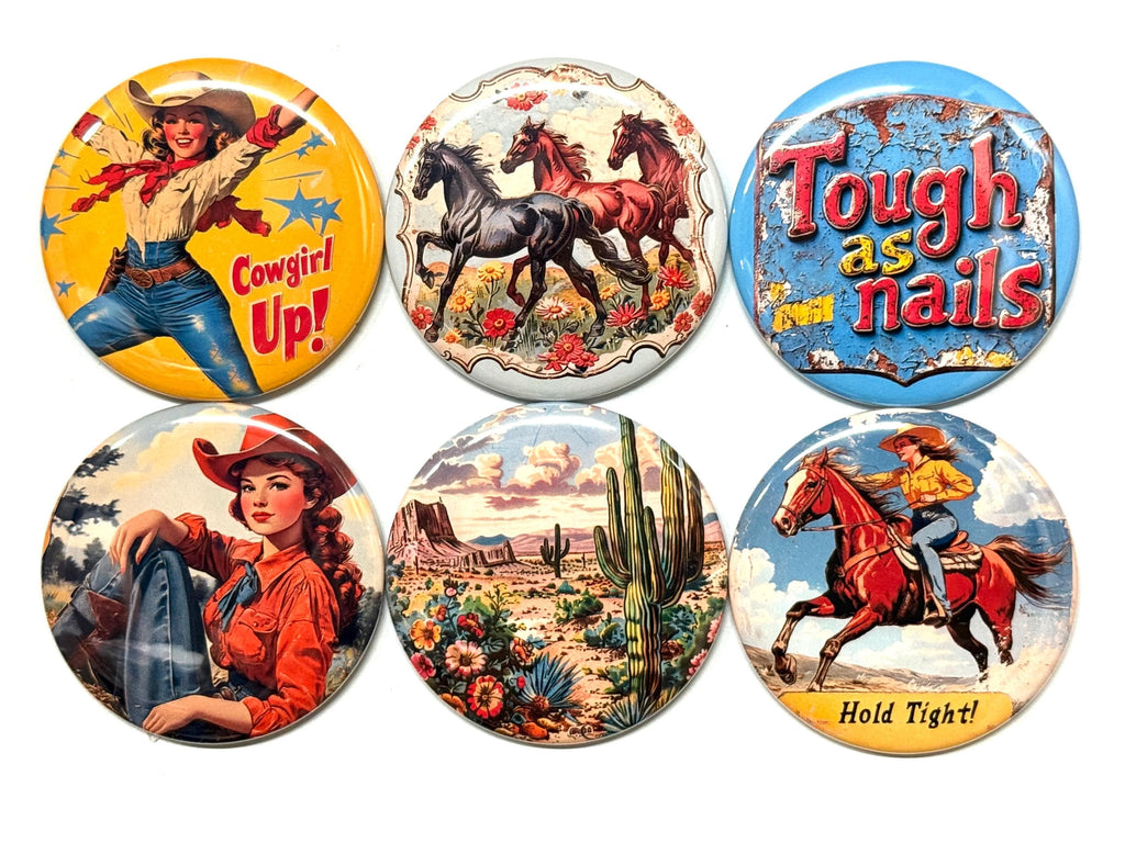 6 Cowgirl Fridge Magnets, pinbacks, flatbacks and more.  Choose your size/style. (s1)