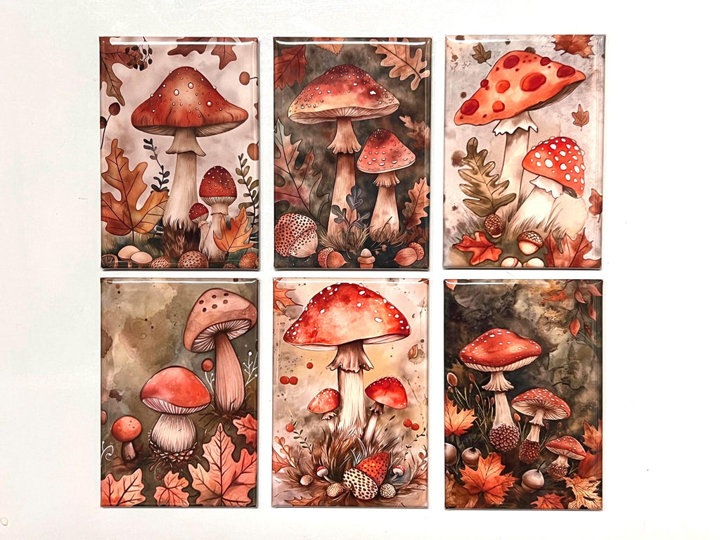 Autumn Mushroom Fridge magnets or pinback buttons  2x3 inch