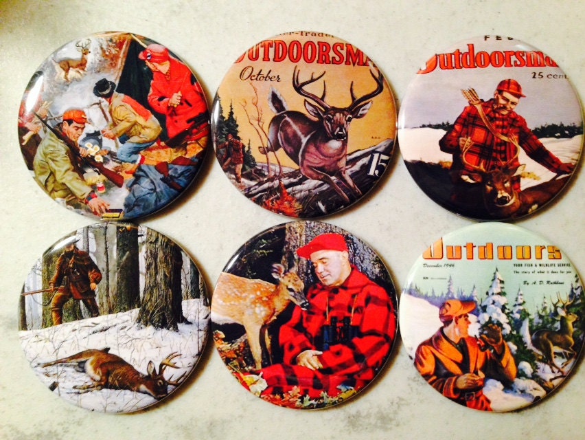 Vintage Hunting Picture Buttons: Pinback or Magnet - Set of 6