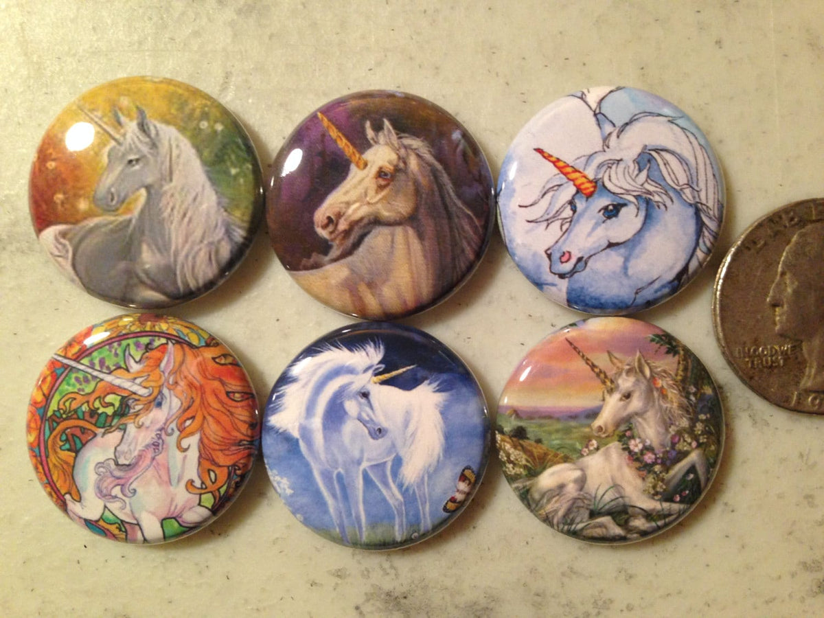 6 Unicorn buttons Set #1 Pinbacks, magnets, or flatbacks.  You choose style and size