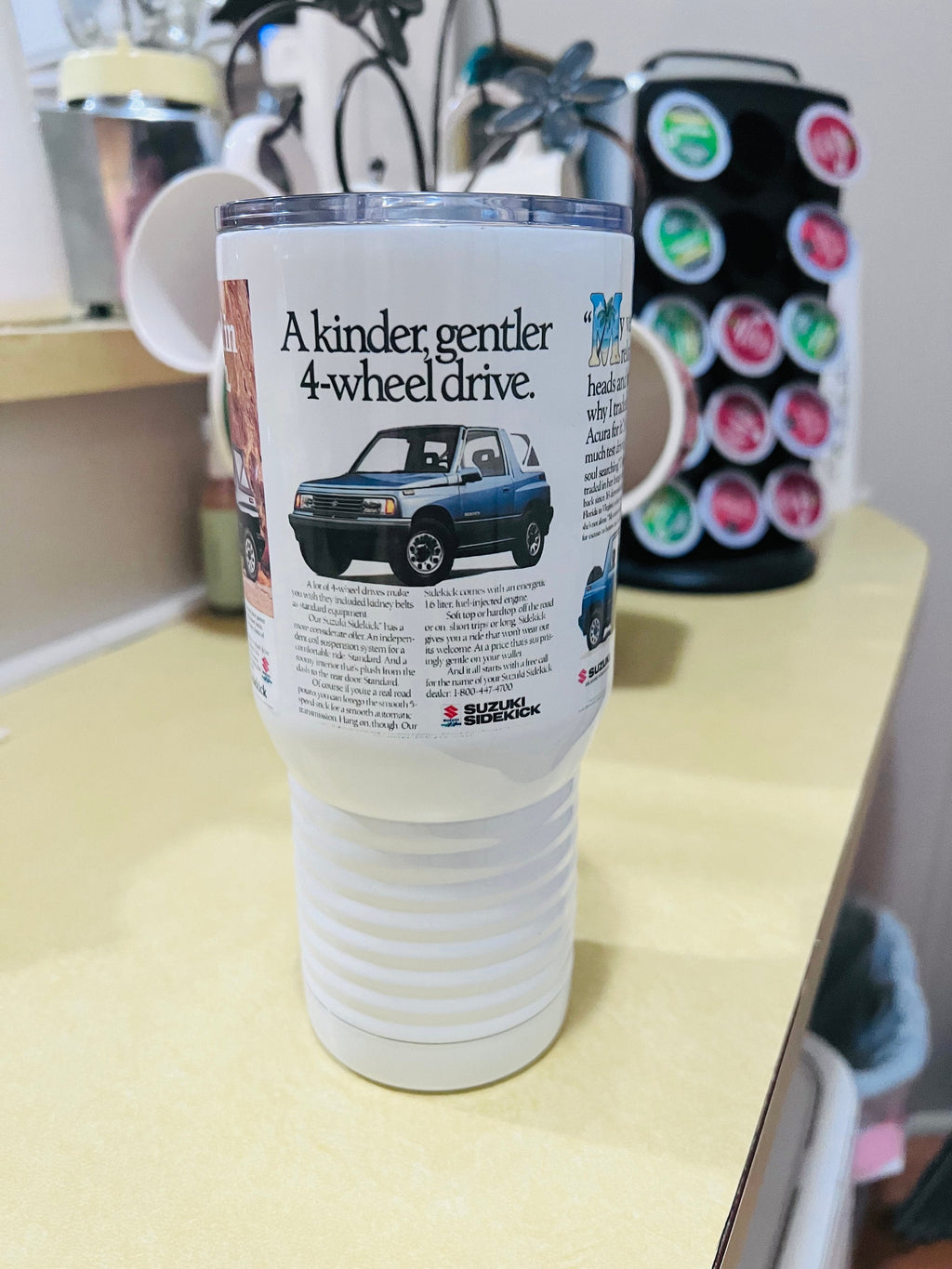 Suzuki Samurai/Sidekick Travel Mug: Vintage Auto Ad, Stainless Steel 20 oz