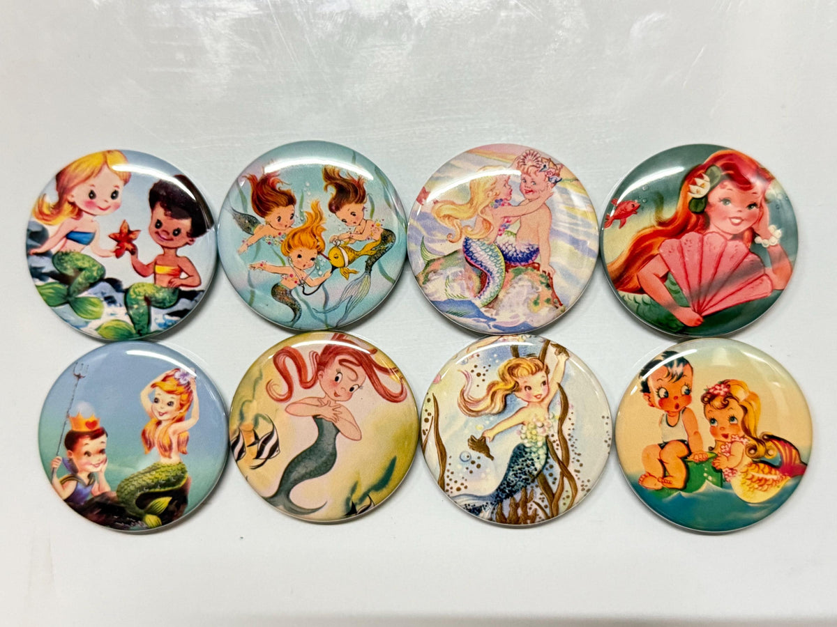 6 Child mermaids Fridge Magnets, pinbacks, flatbacks and more.  Choose your size/style.