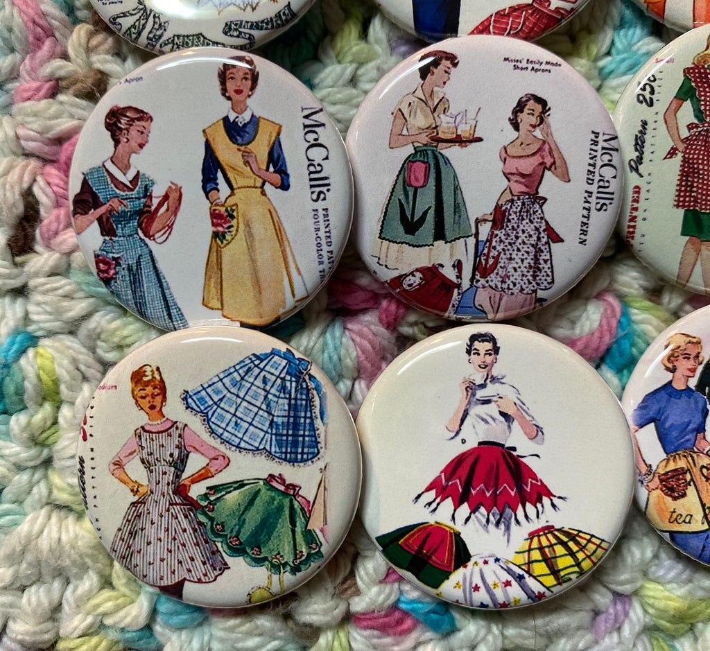 Apron Buttons: Vintage Sewing Pattern Pinbacks, Magnets, Flatbacks