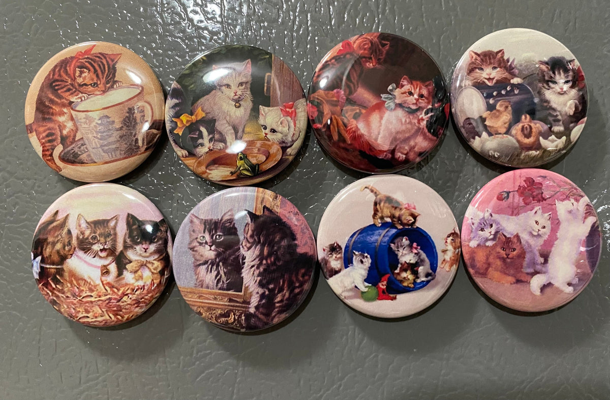 8 Kitten and Cat Fridge Magnets, pinback or flatback Set 2