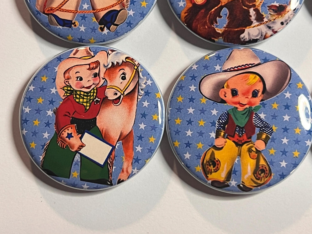 6 Cowboy kids Fridge Magnets, pinbacks, flatbacks and more.  Choose your size/style.