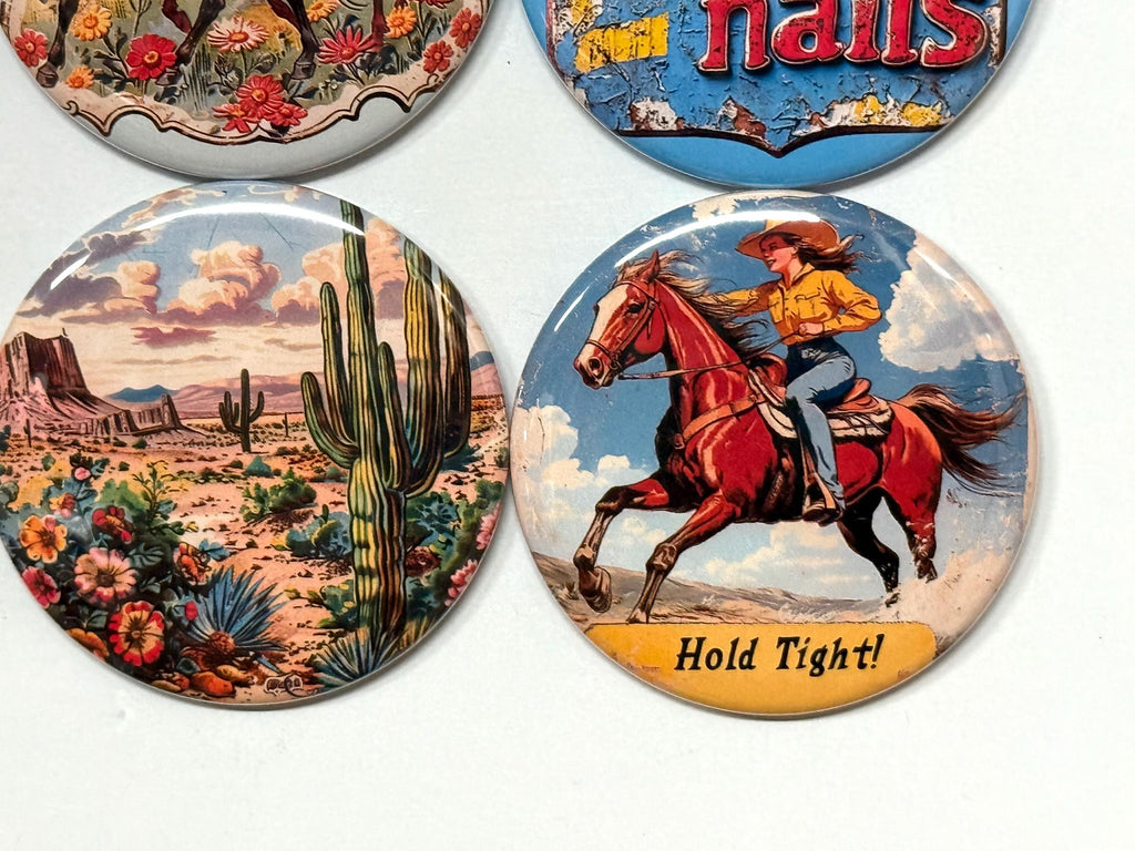 6 Cowgirl Fridge Magnets, pinbacks, flatbacks and more.  Choose your size/style. (s1)