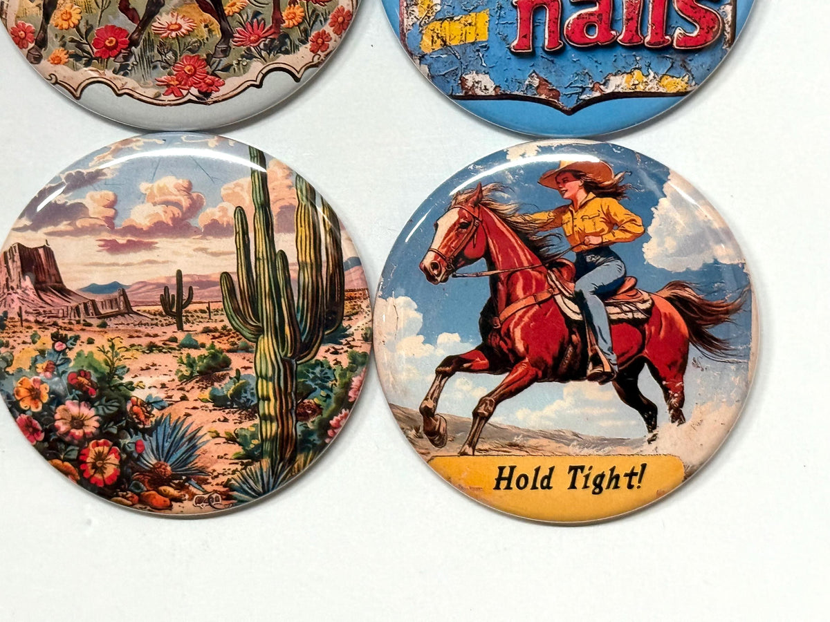 6 Cowgirl Fridge Magnets, pinbacks, flatbacks and more.  Choose your size/style. (s1)