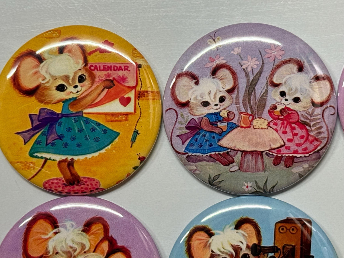 6 Retro Mice, pinbacks, flatbacks, magnets and more. Choose your size/style.