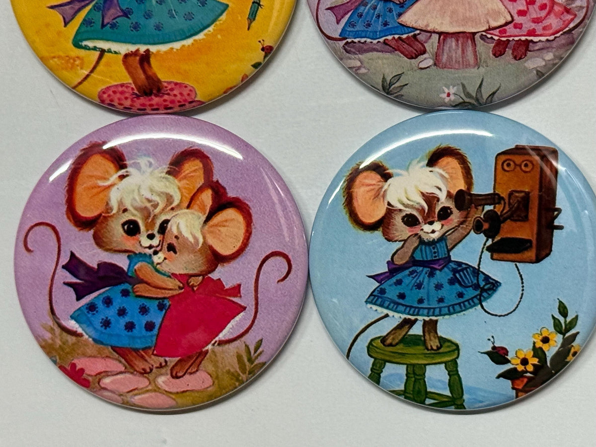 6 Retro Mice, pinbacks, flatbacks, magnets and more. Choose your size/style.