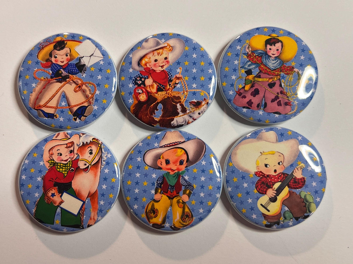 6 Cowboy kids Fridge Magnets, pinbacks, flatbacks and more.  Choose your size/style.